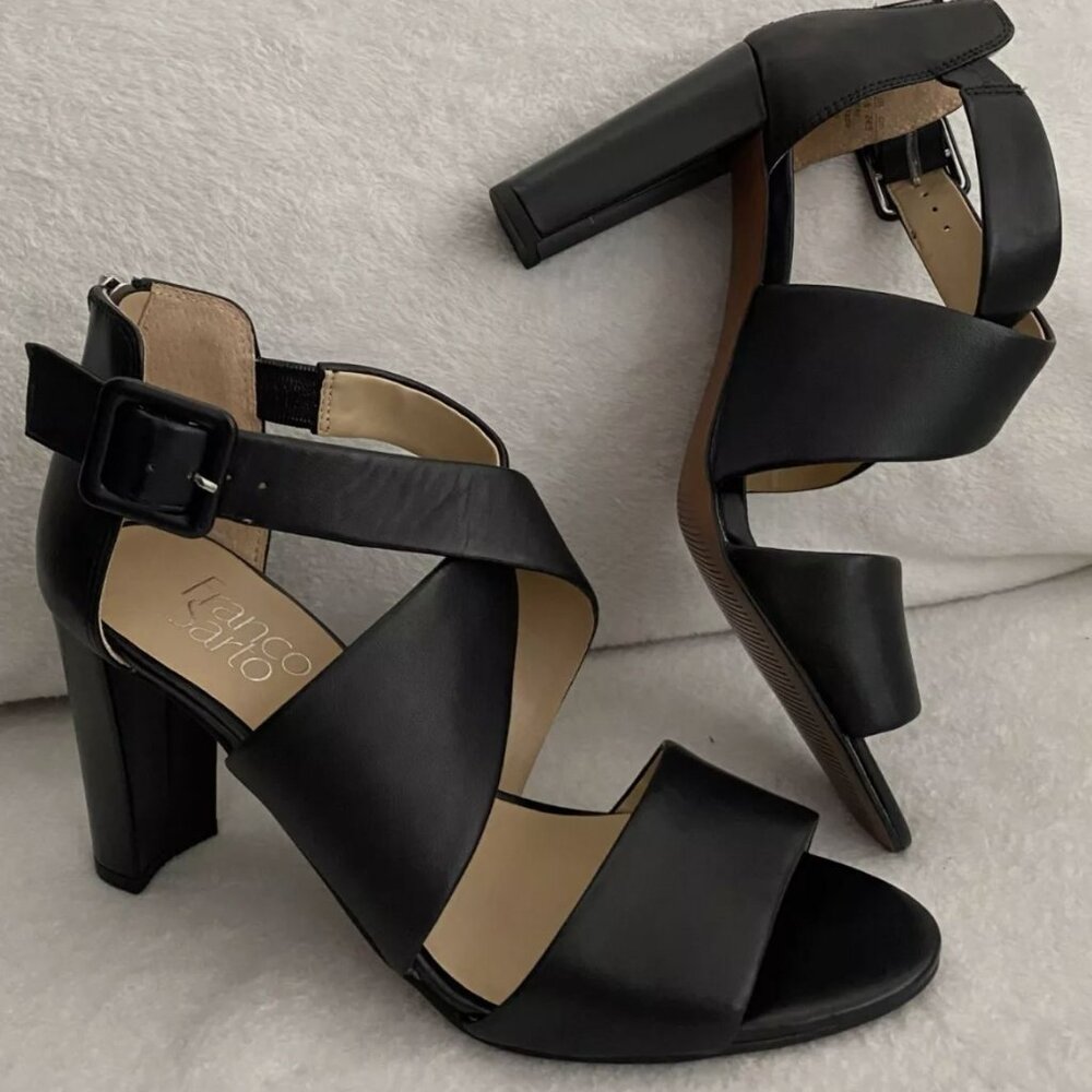 New Franco Sarto Habra Black Leather Strappy Sandals Heels Size 7.5